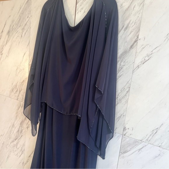Patra Sheer Beaded Cape Navy Formal Dress SZ 12 - Picture 2 of 5